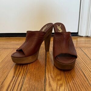 Authentic YSL Brown Leather Wooden Platform Heeled Slide size 36